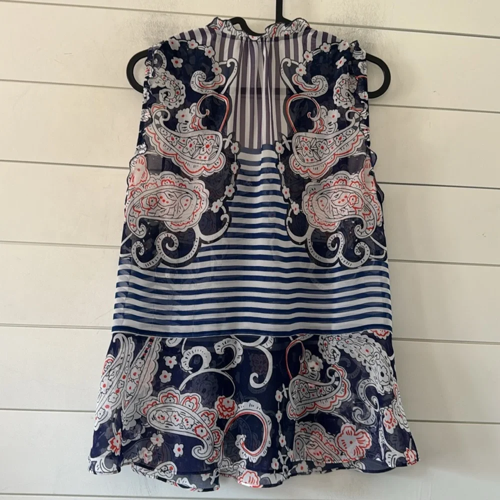 Cabi XS (generous) Floral Paisley Striped Peplum Sheer Ruffled Trim V-Neck Top - Picture 7 of 12